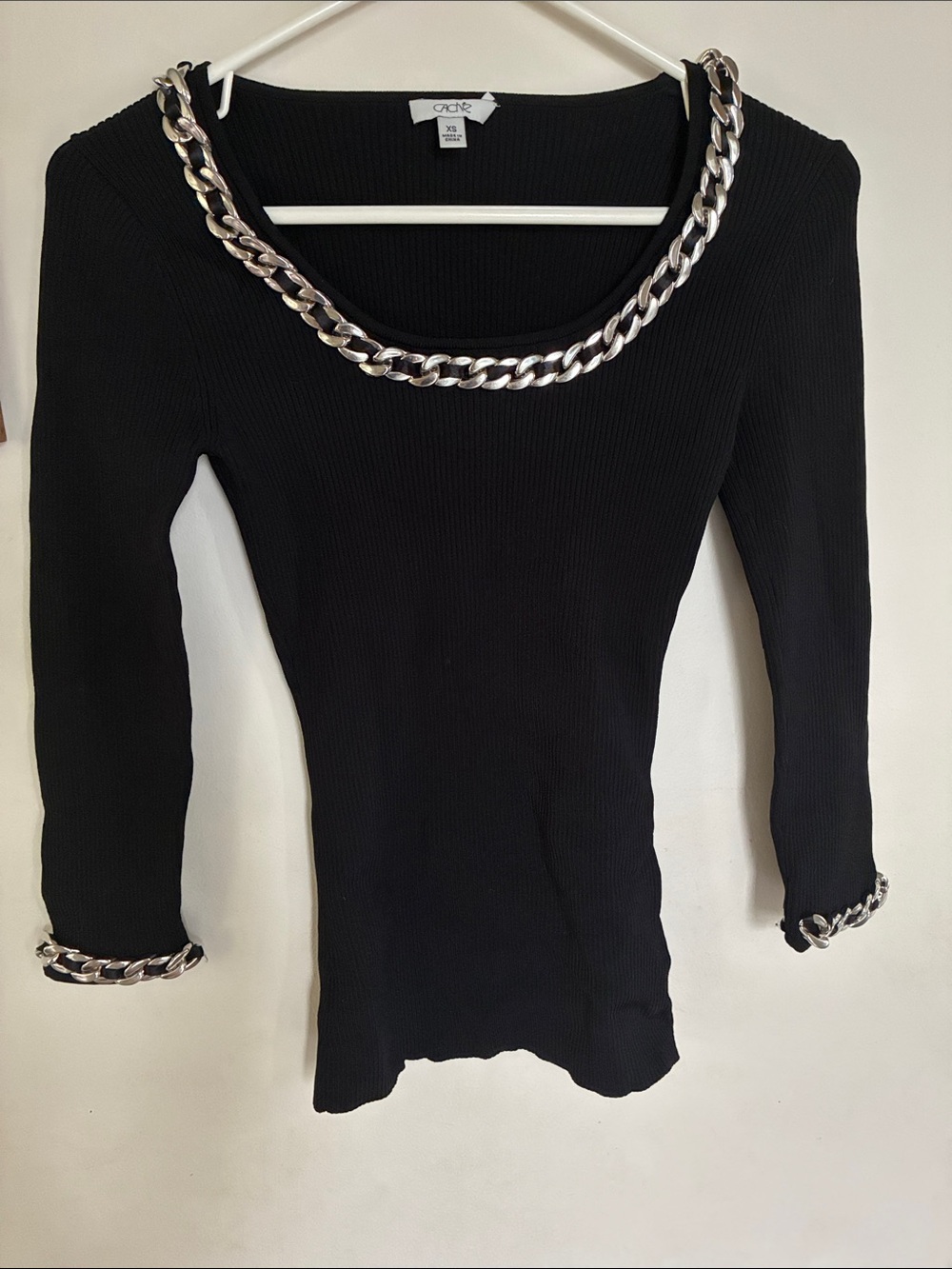Cache Black Ribbed Scoop-Neck Top with Chain Detail